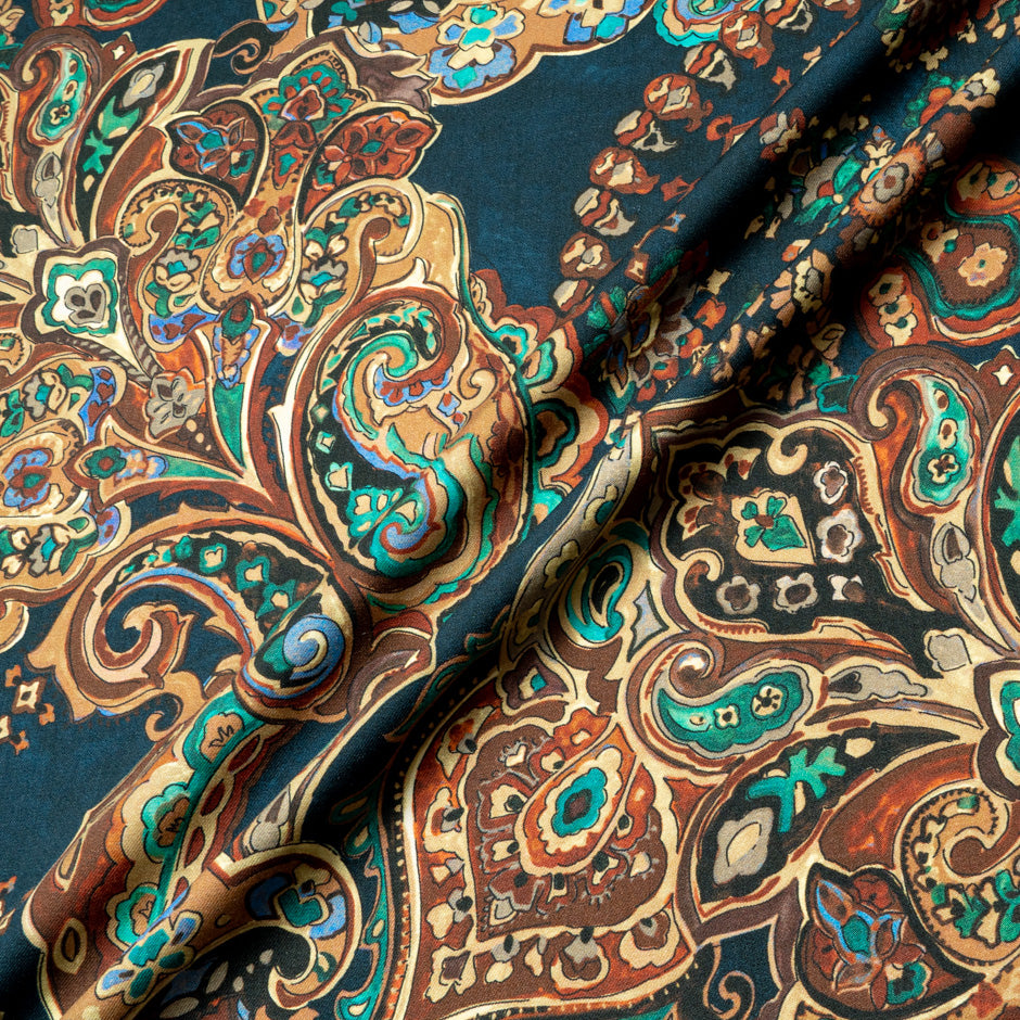 Brown & Dark Blue Paisley Printed Pure Merino Wool