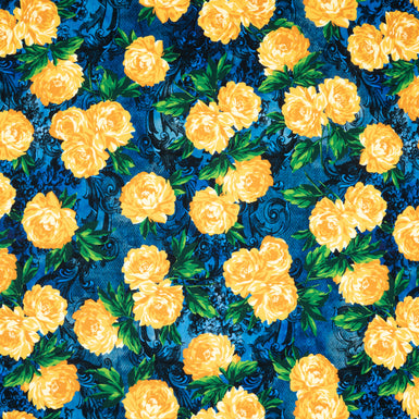 Yellow Rose Printed Blue Merino Wool