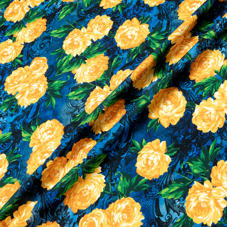 Yellow Rose Printed Blue Merino Wool