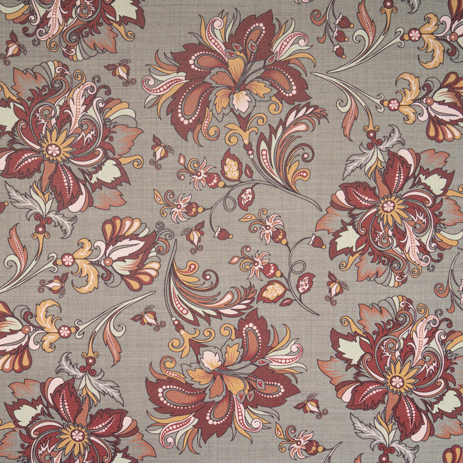 Rich Brown Floral Printed Stretch Wool