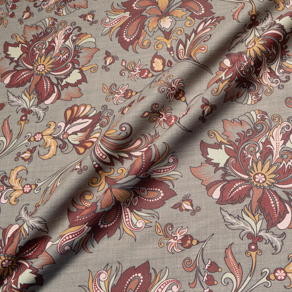 Rich Brown Floral Printed Stretch Wool