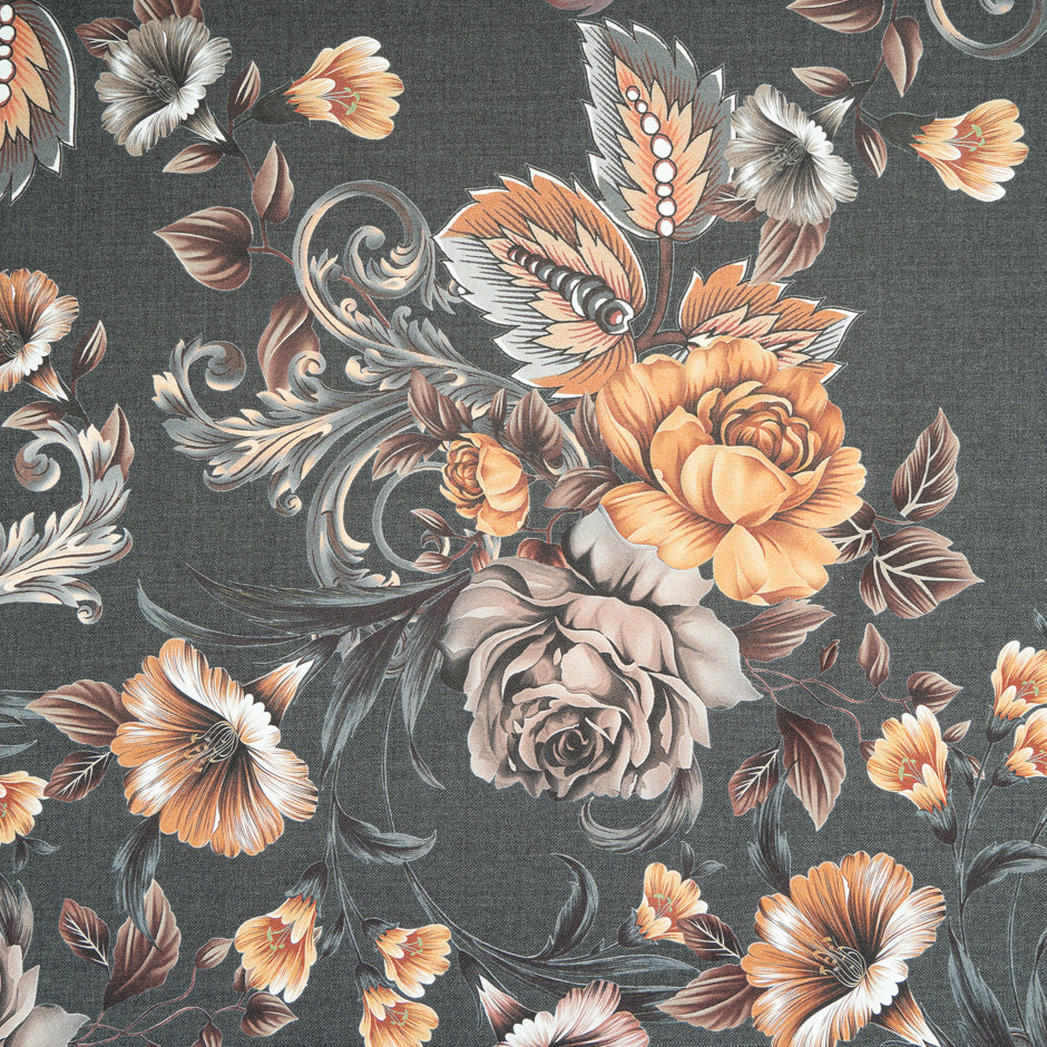 Orange Floral Printed Grey Stretch Wool