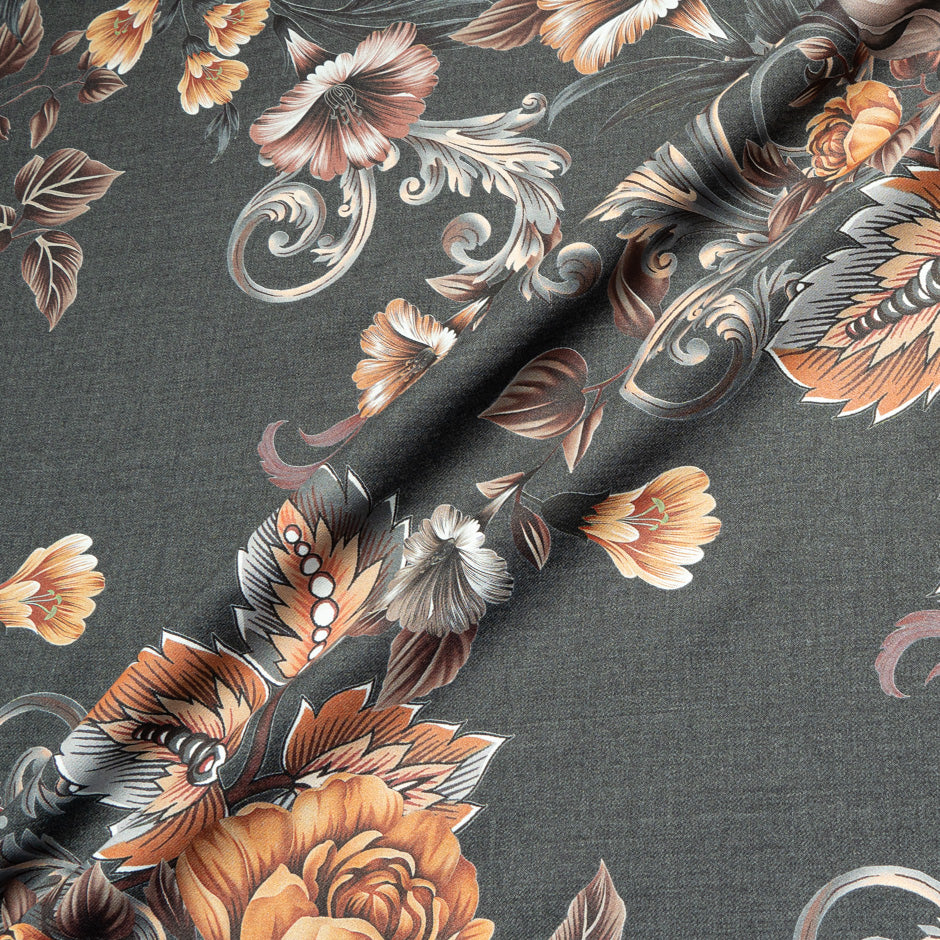 Orange Floral Printed Grey Stretch Wool