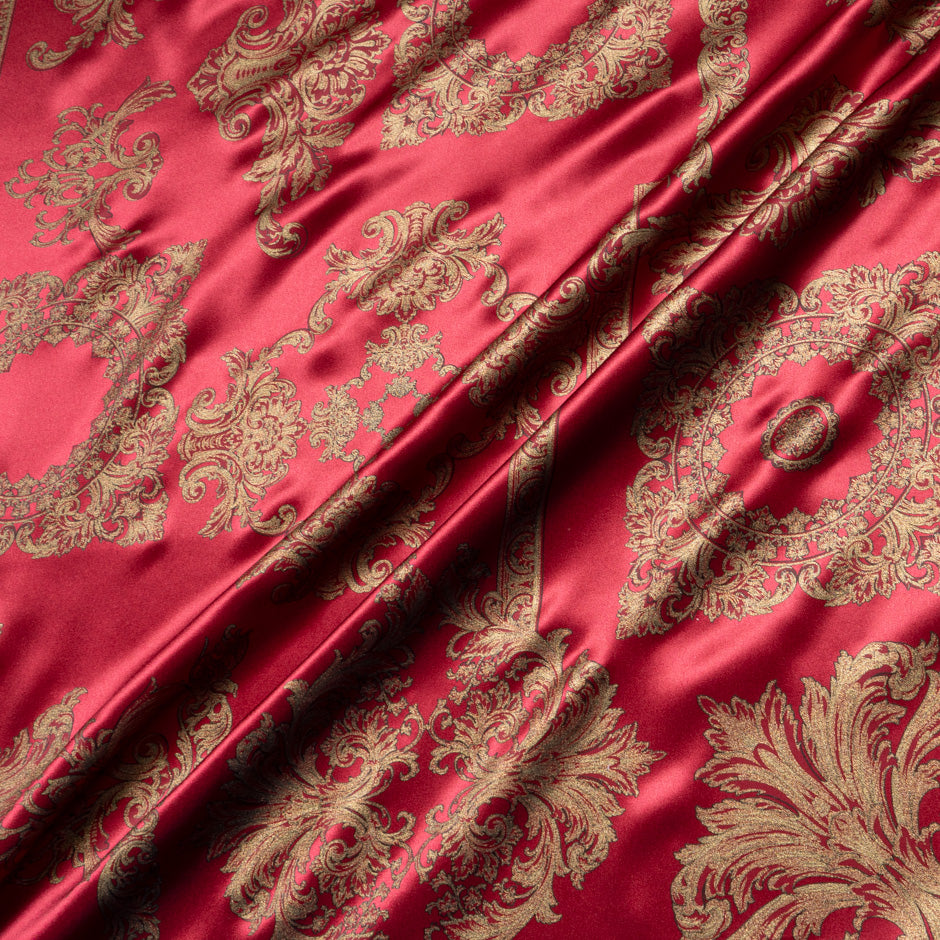 Gold Laminated Garnet Red Printed Silk