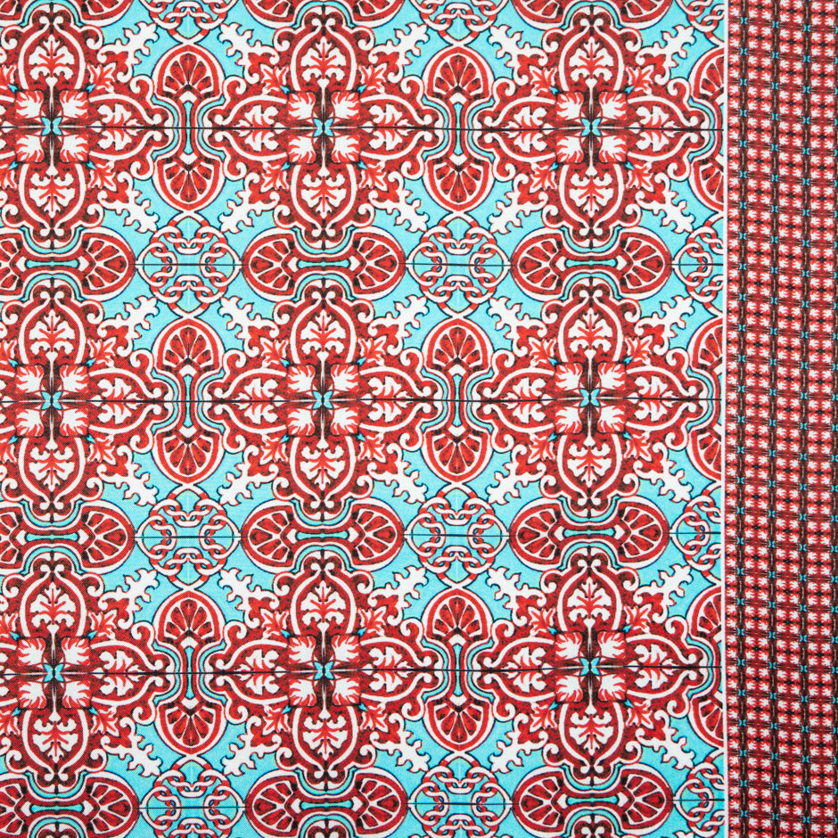 Red Geo Printed Turquoise Blue Pure Silk Twill