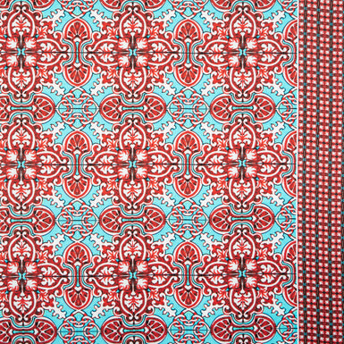 Red Geo Printed Turquoise Blue Pure Silk Twill