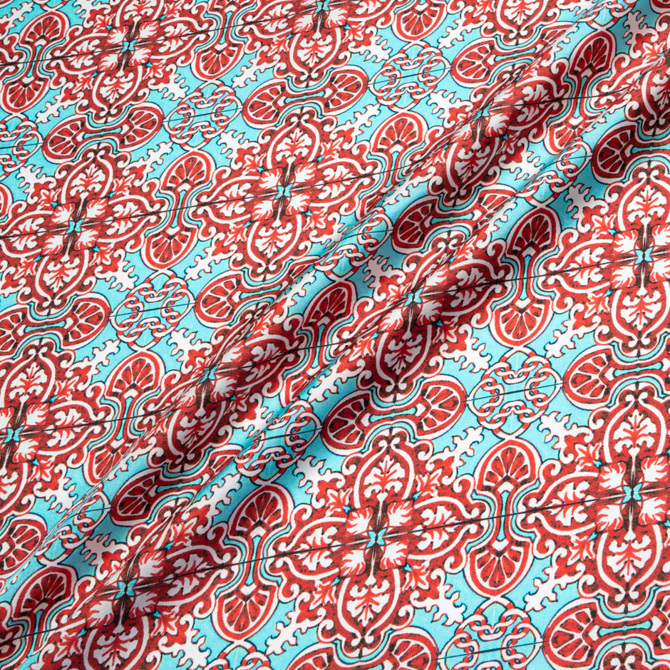 Red Geo Printed Turquoise Blue Pure Silk Twill