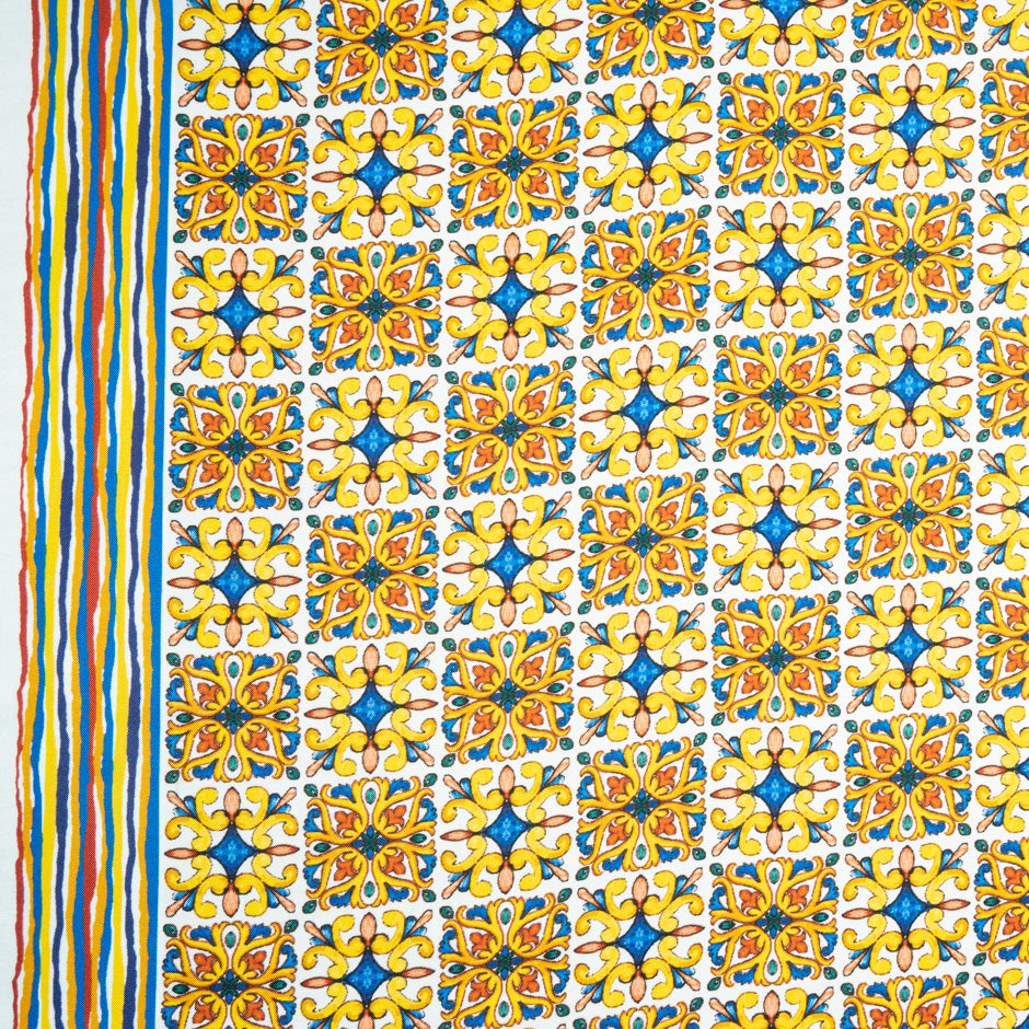 Yellow & Blue Geo Printed Pure Silk Twill