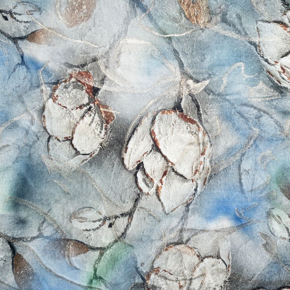 Blue & White Floral Printed Metallic Silk Jacquard