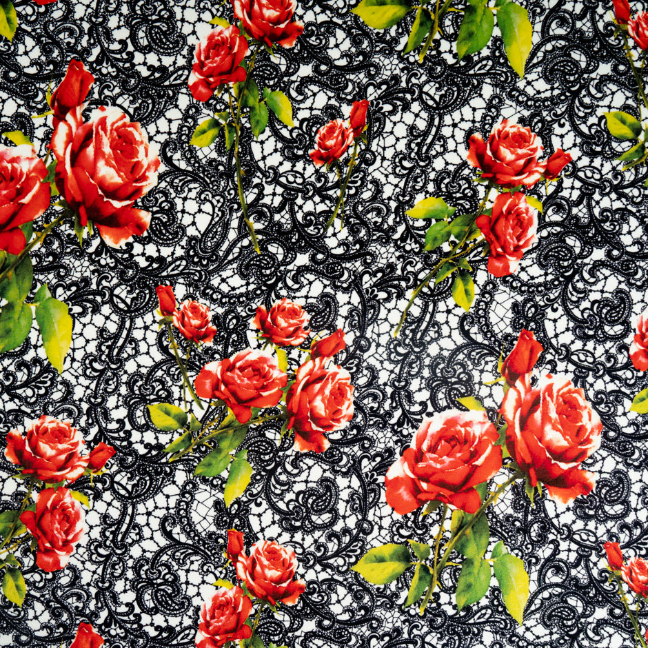 Red Rose &  Black Lace Printed Pure Silk Crêpe