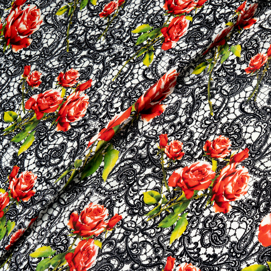 Red Rose &  Black Lace Printed Pure Silk Crêpe