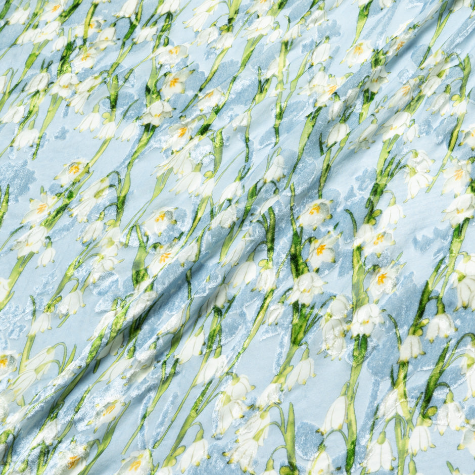 Snow Drop Printed Blue Silk Blend Devoré Velvet