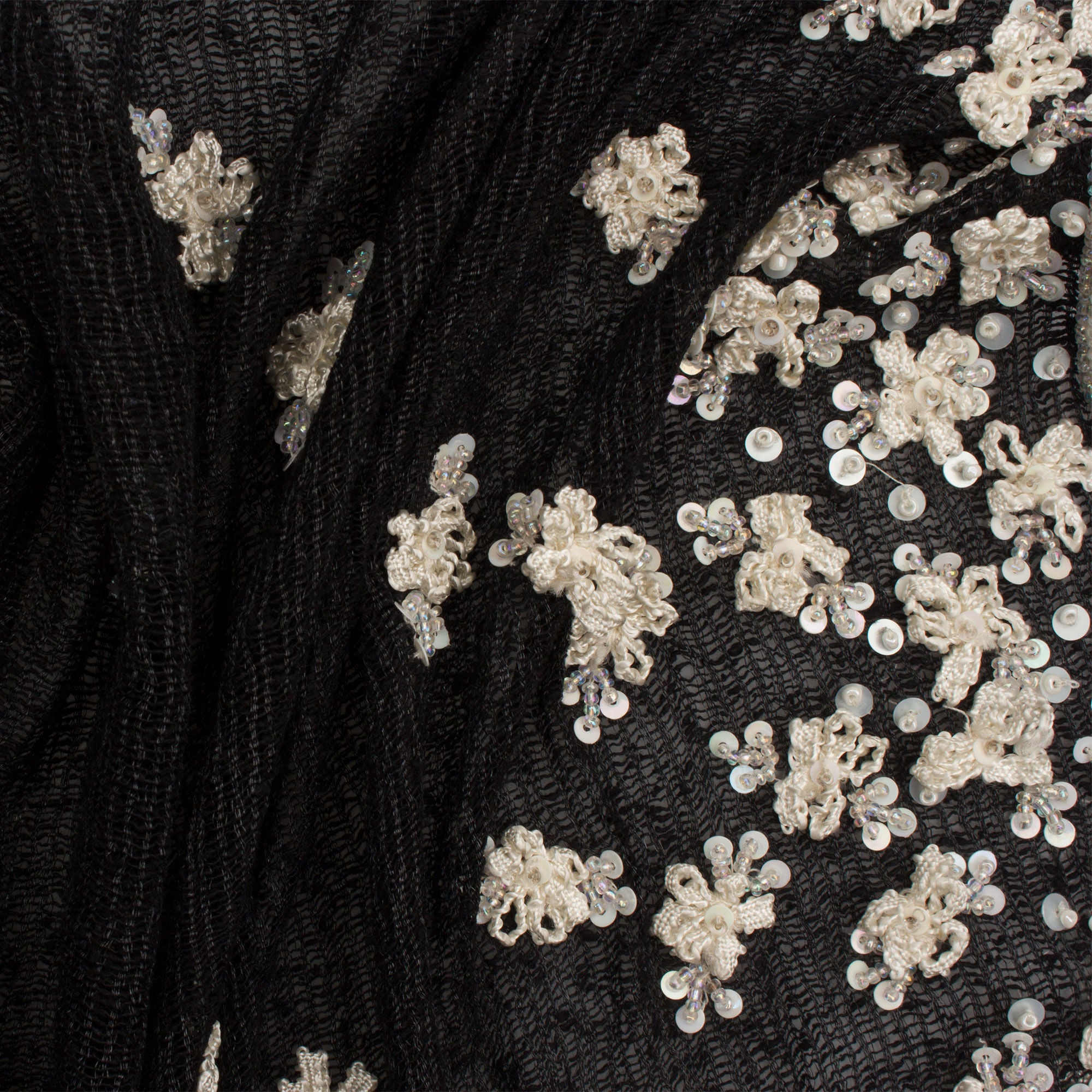 Black Silk Mesh with Ivory Floral Detail