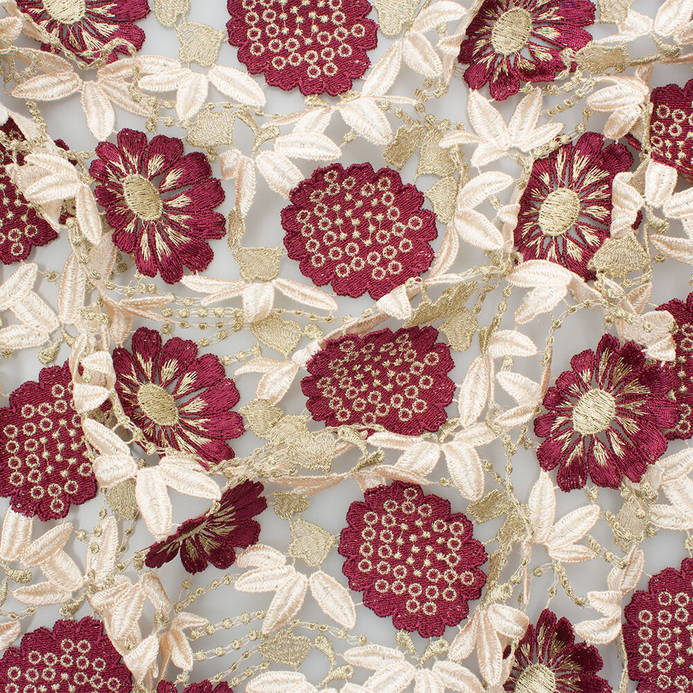 Burgundy & Muted Gold Floral Guipure Lace