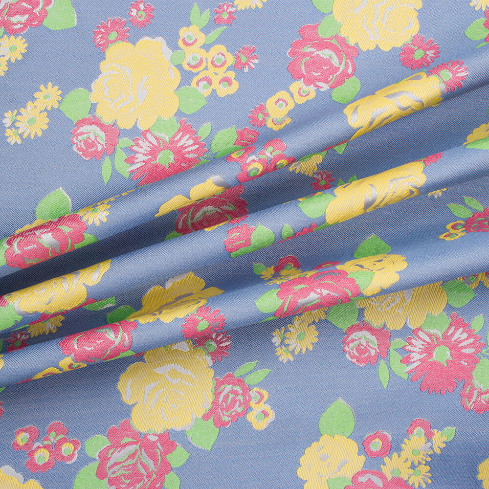 Yellow/Pink Floral Blue Brocade