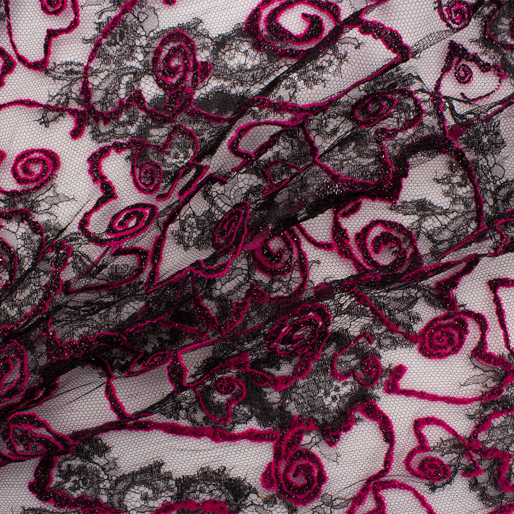 Pink/Black Metallic Flocked Heart Chantilly Lace