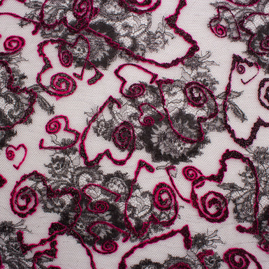 Pink/Black Metallic Flocked Heart Chantilly Lace