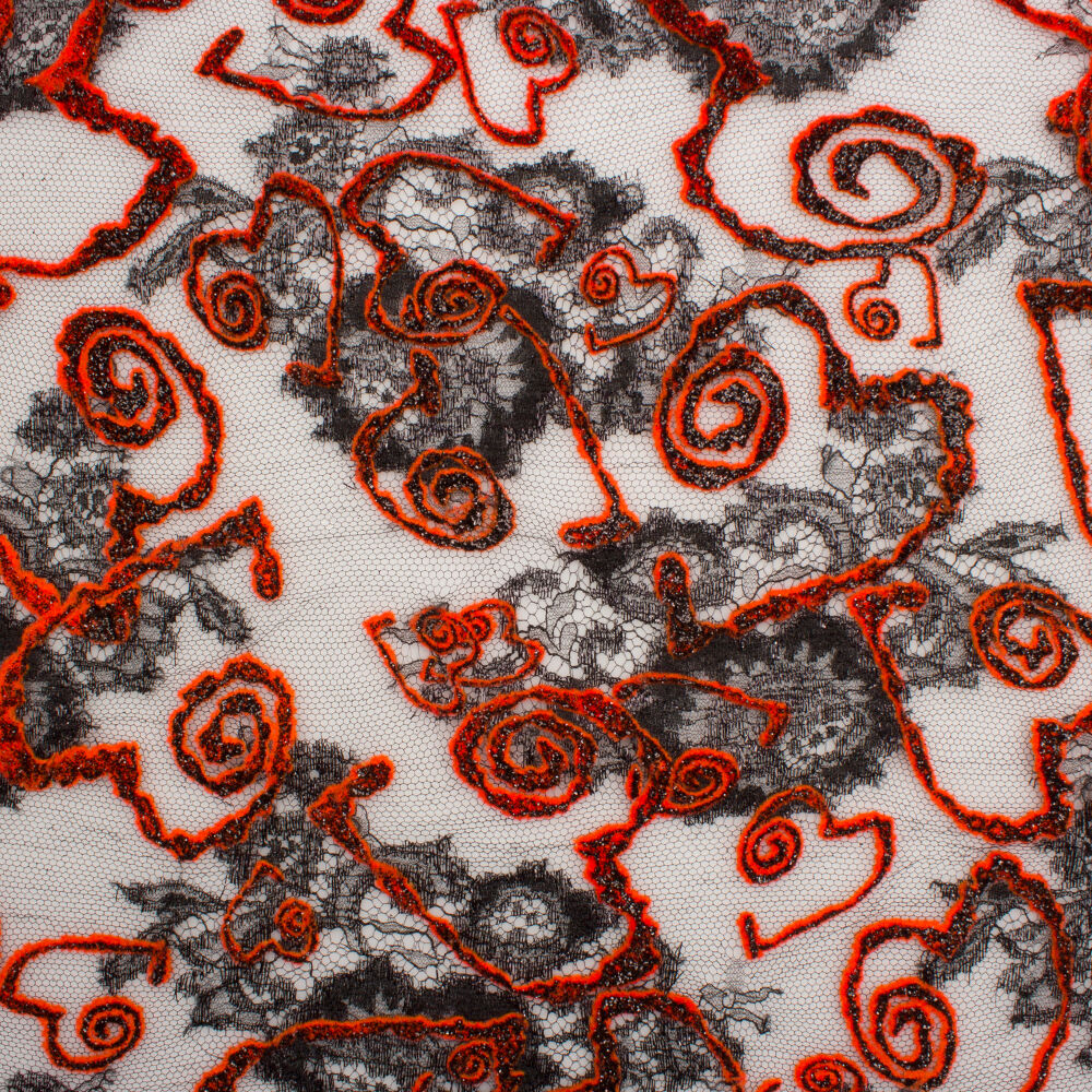 Orange/Black Metallic Flocked Heart Chantilly Lace