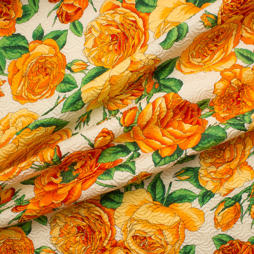 Orange & Green Floral Printed Cloqué