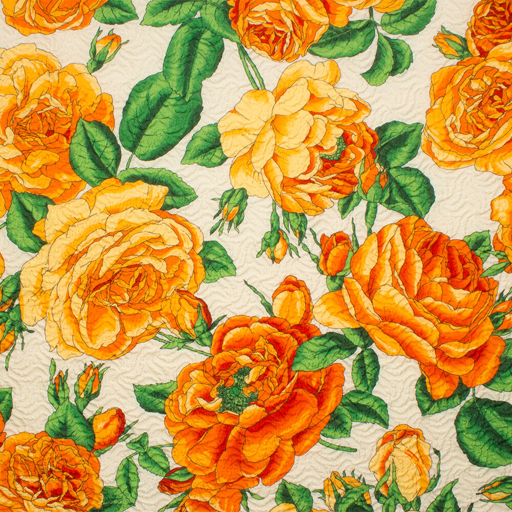 Orange & Green Floral Printed Cloqué