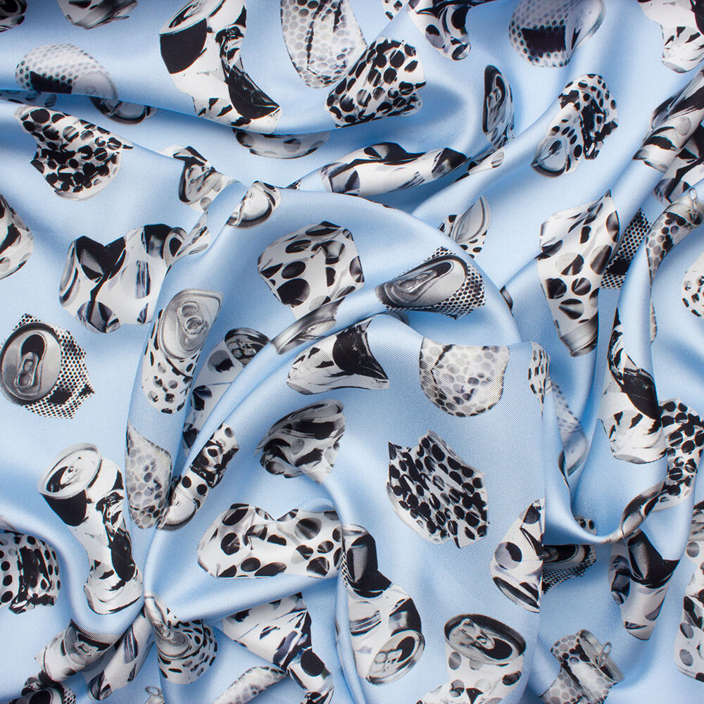 Blue/Spotted 'Soda Cans' Printed Silk Twill