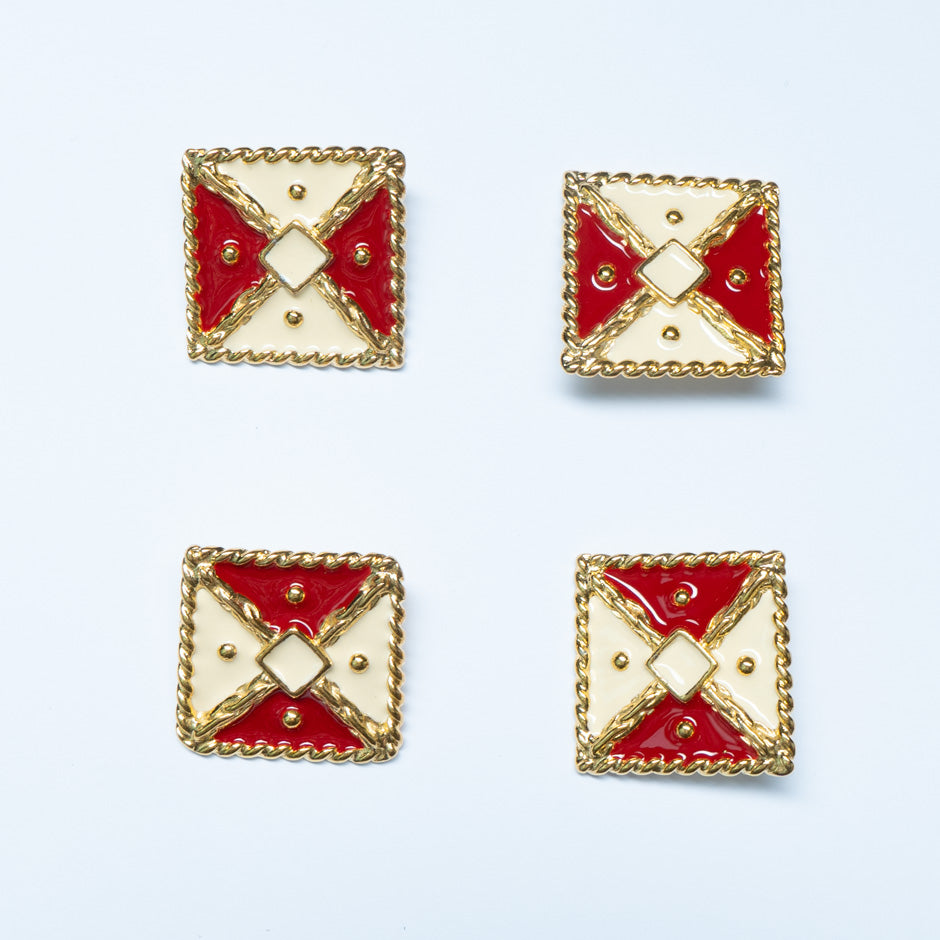 Red & Ivory Enamel Gold Square Button