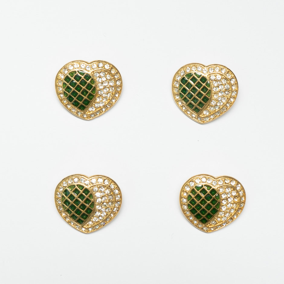 Green & Diamanté Heart Shaped Gold Button