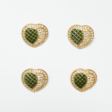 Green & Diamanté Heart Shaped Gold Button