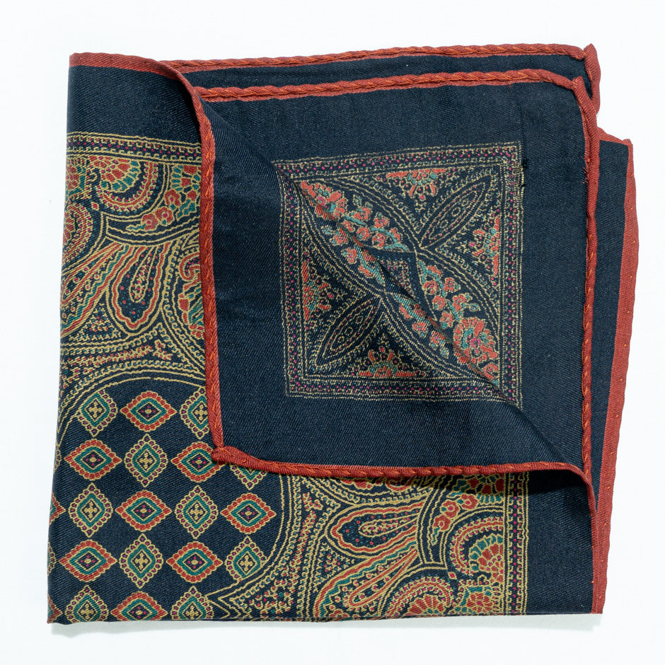 Navy Blue & Red Pure Silk Twill Pocket Handkerchief