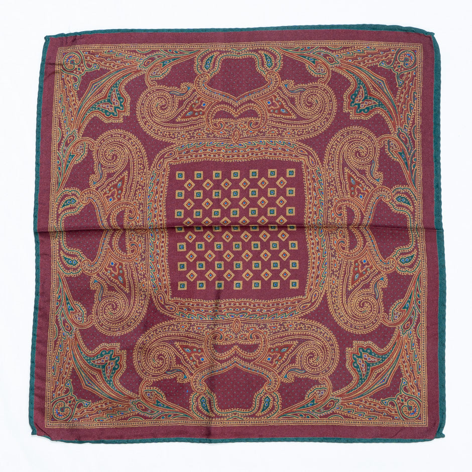 Burgundy Printed Pure Silk Twill Pocket Handkerchief