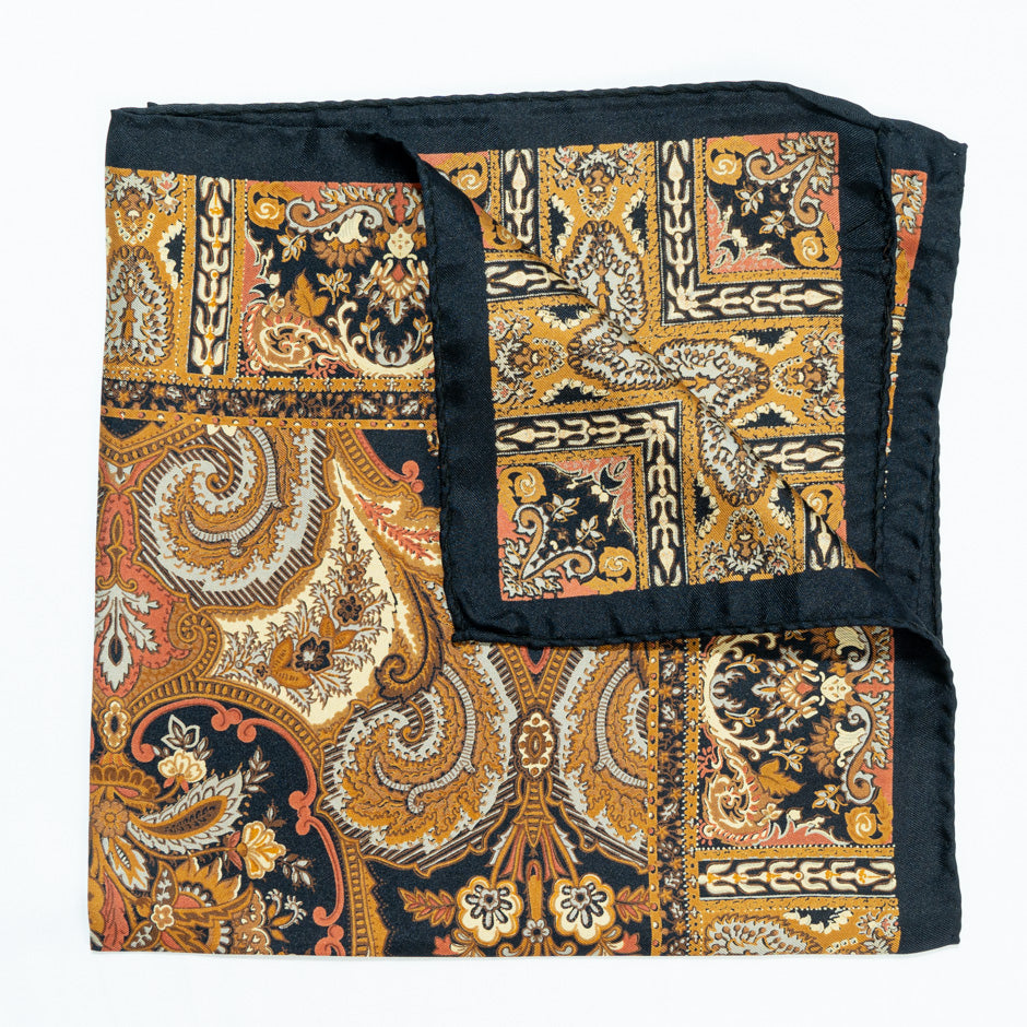 Yellow & Black Printed Pure Silk Twill Pocket Handkerchief