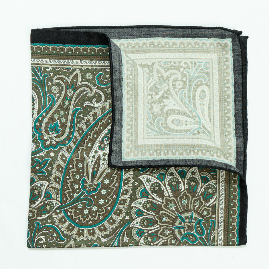 Khaki & Teal Pure Silk Pocket Handkerchief