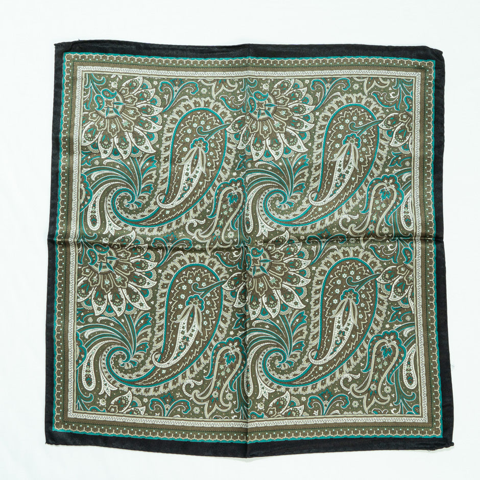 Khaki & Teal Pure Silk Pocket Handkerchief