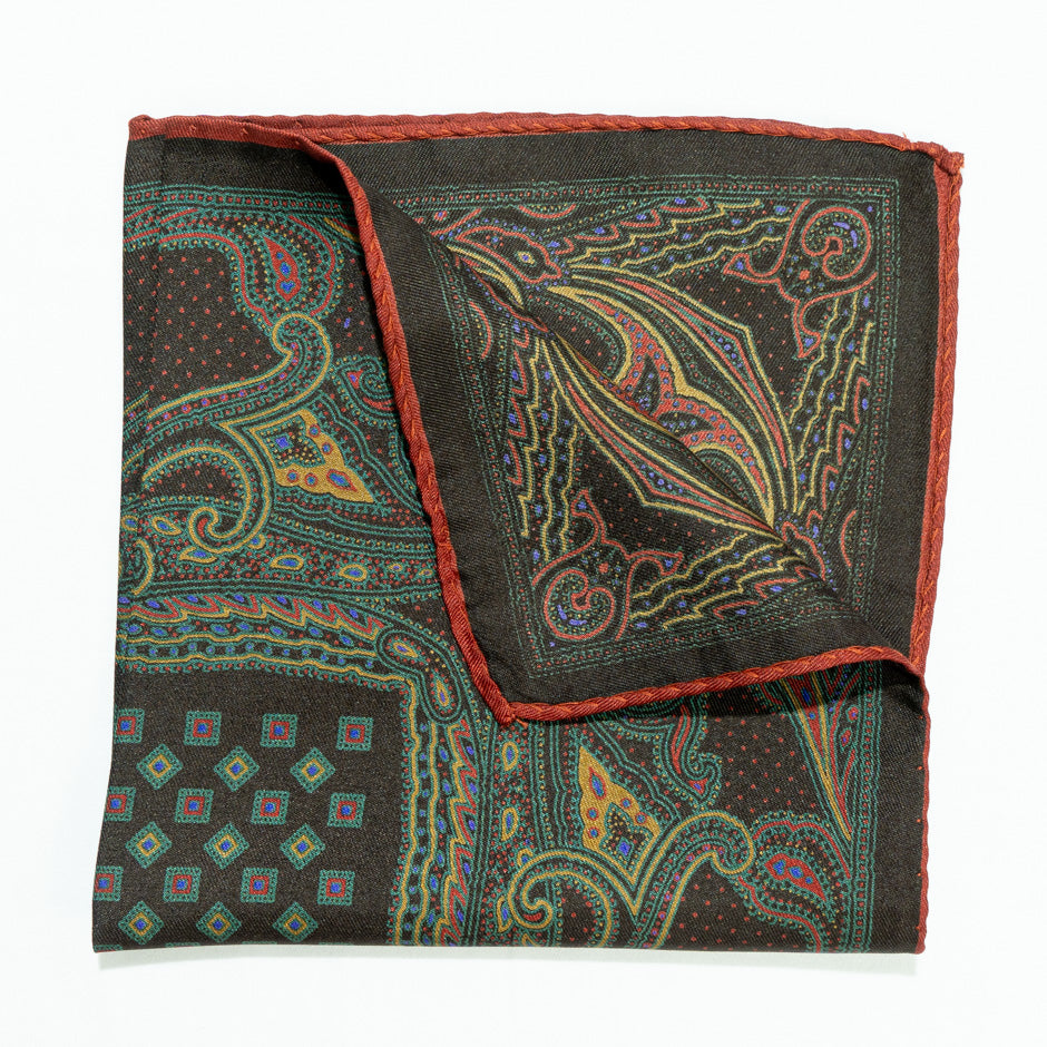 Dark Green Printed Pure Silk Twill Pocket Handkerchief