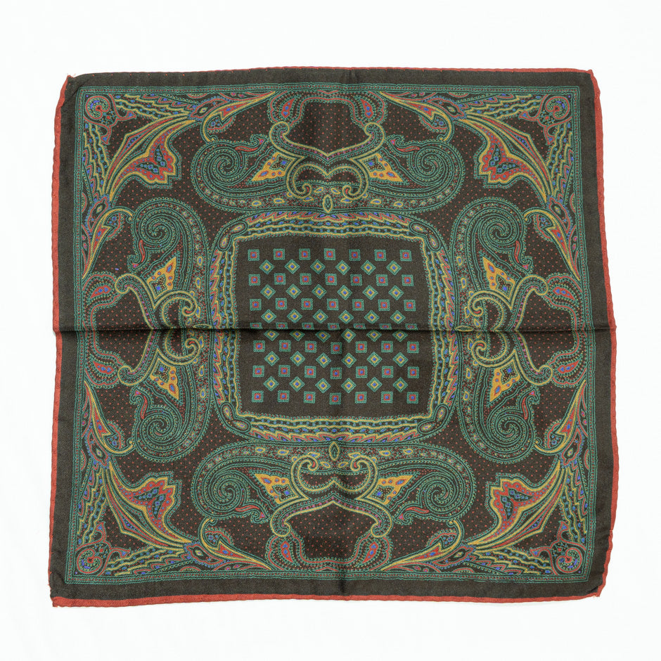 Dark Green Printed Pure Silk Twill Pocket Handkerchief