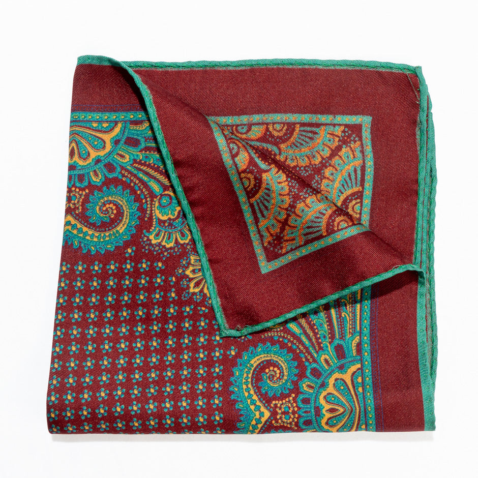 Turquoise Printed Burgundy Pure Silk Twill Pocket Handkerchief