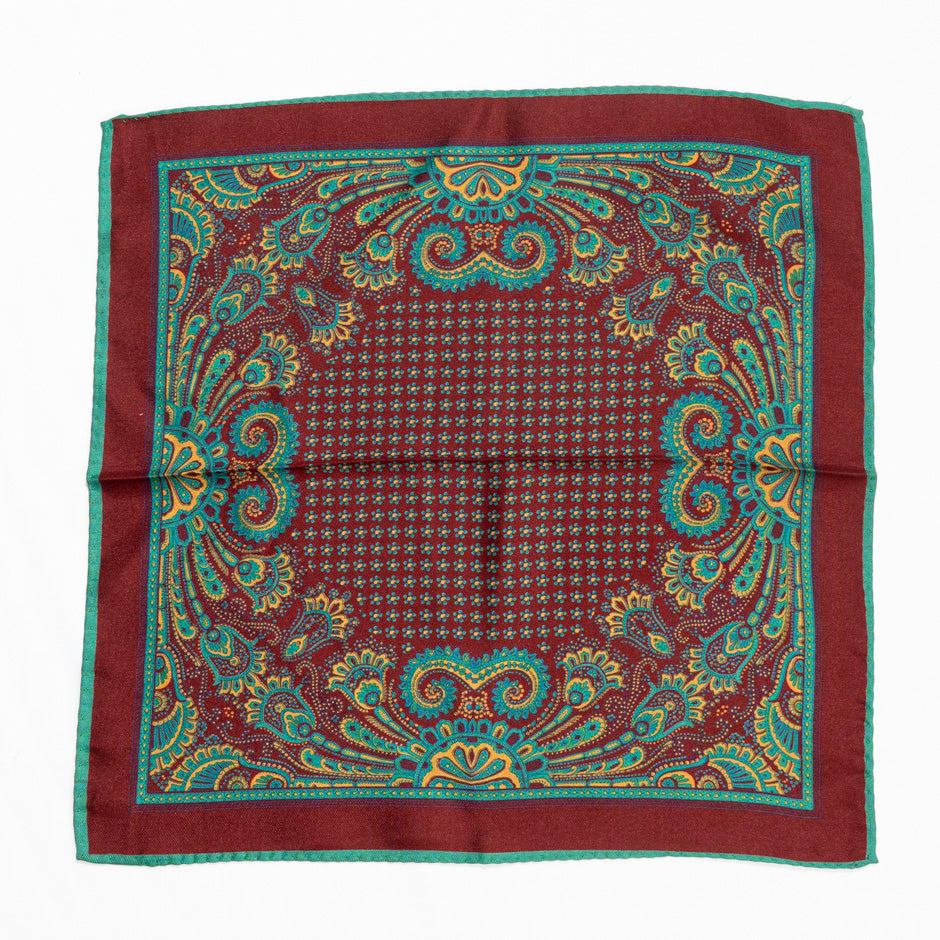 Turquoise Printed Burgundy Pure Silk Twill Pocket Handkerchief