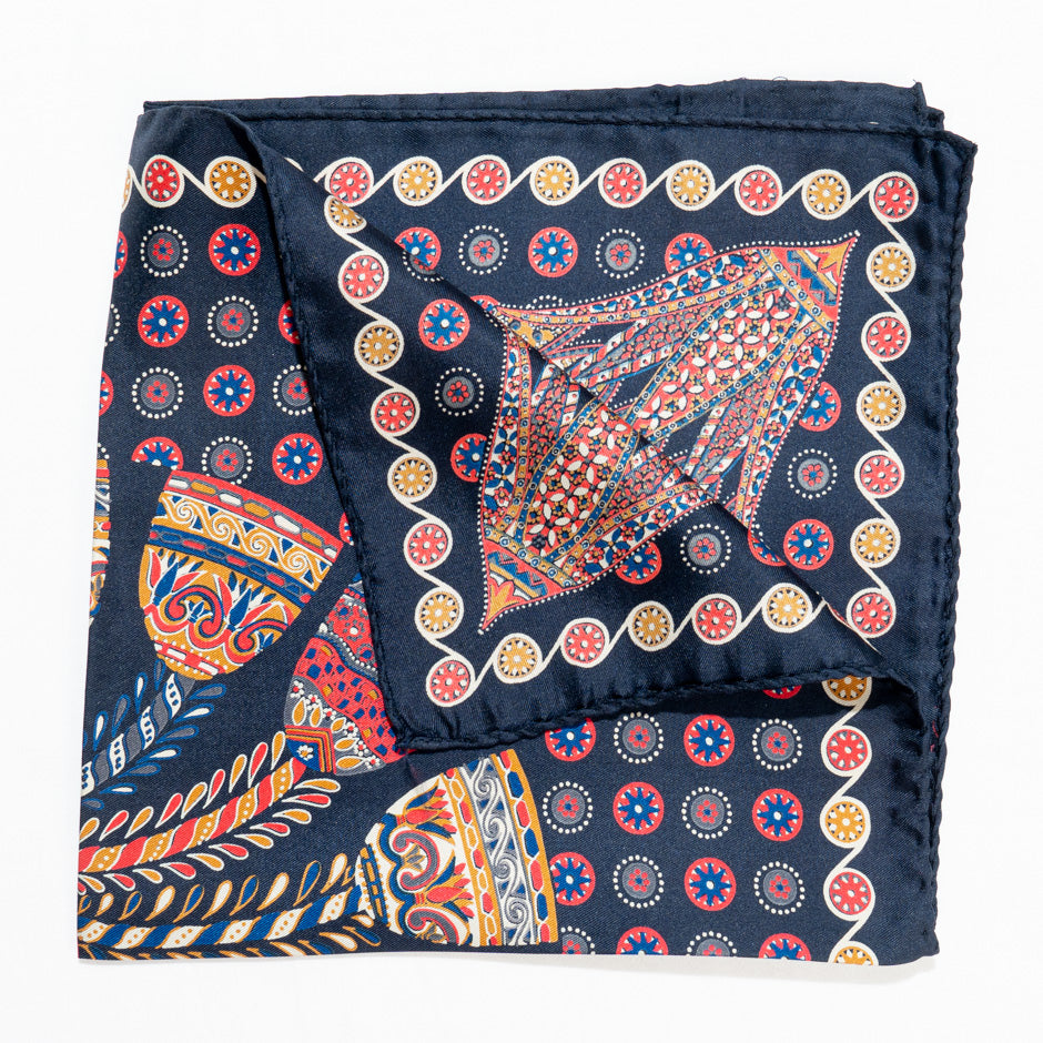 Patterned Navy Blue Pure Silk Pocket Handkerchief