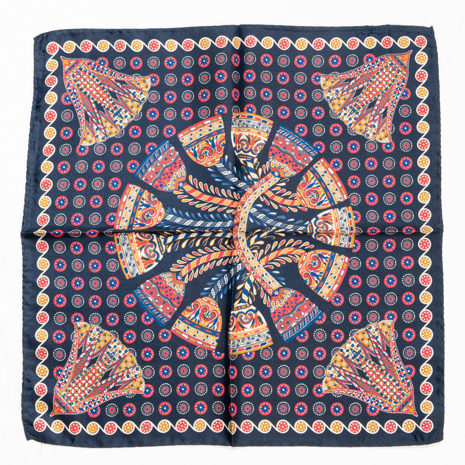 Patterned Navy Blue Pure Silk Pocket Handkerchief