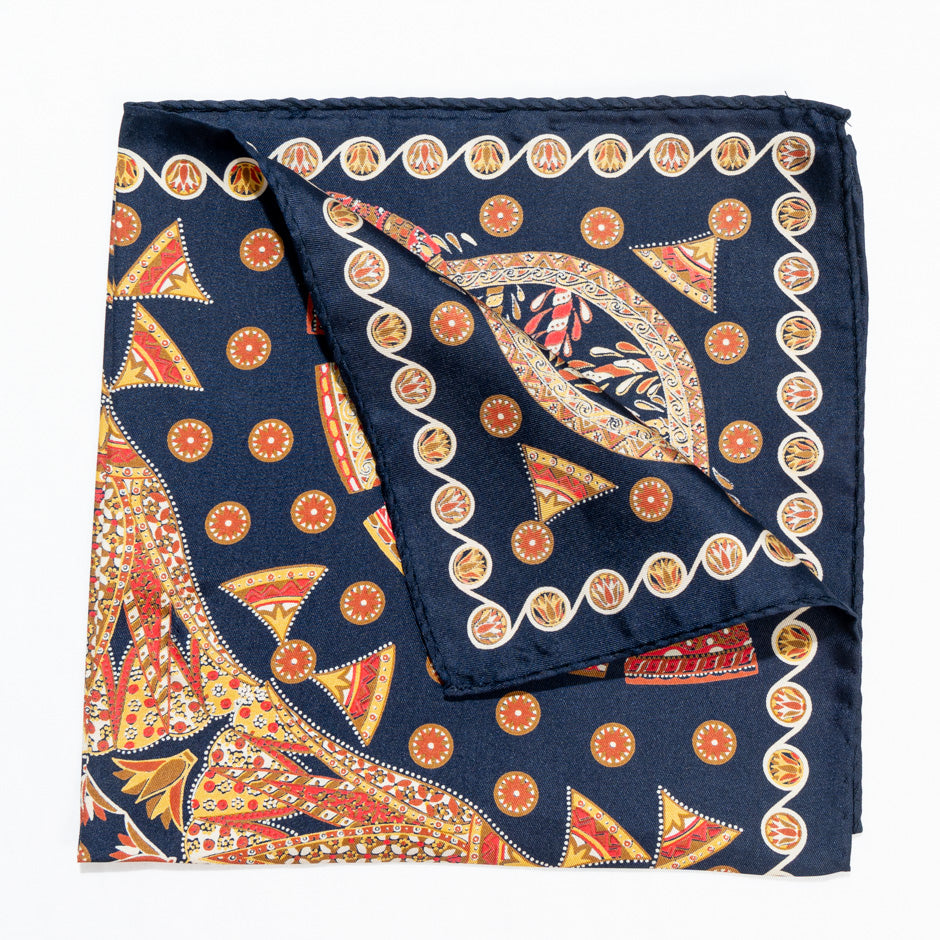 Orange Patterned Blue Pure Silk Pocket Handkerchief