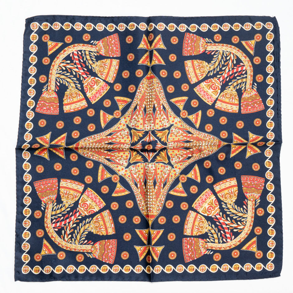 Orange Patterned Blue Pure Silk Pocket Handkerchief