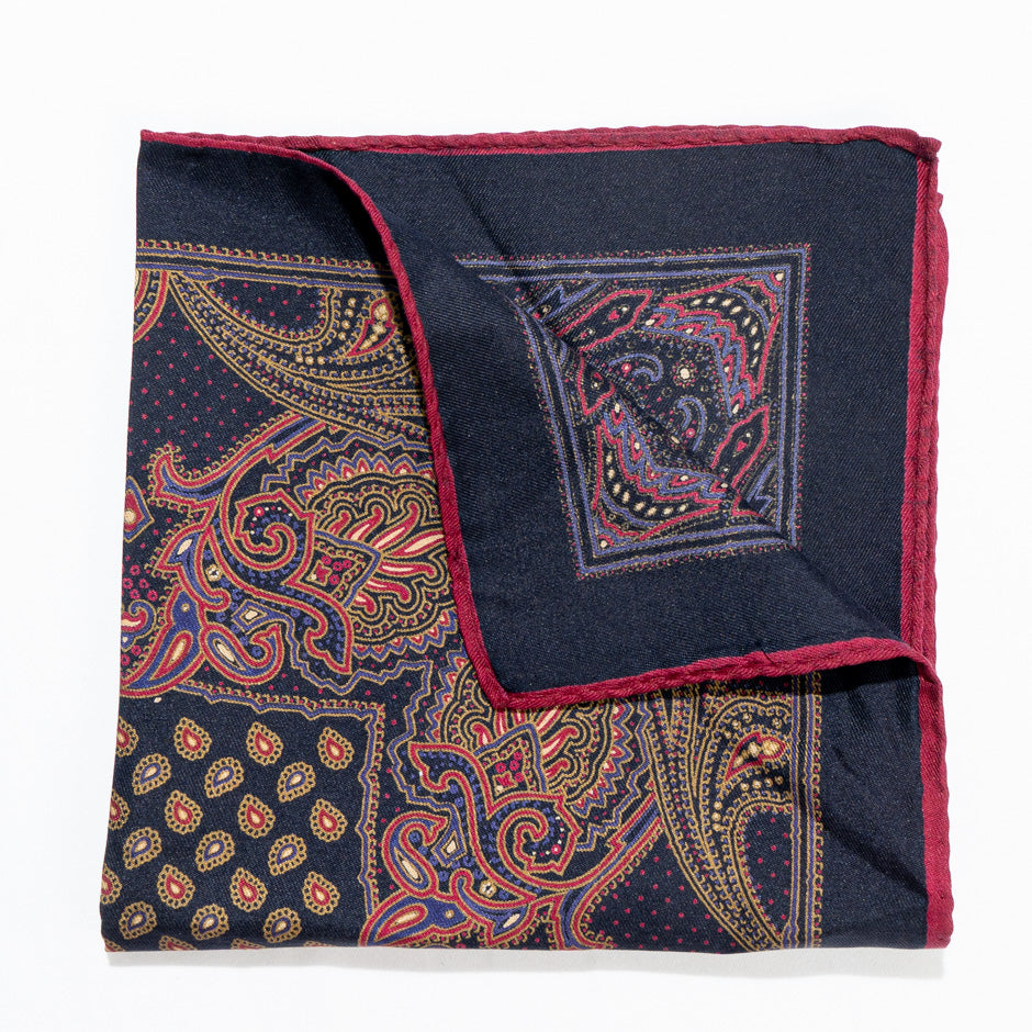 Paisley Printed Red & Navy Silk Twill Pocket Handkerchief