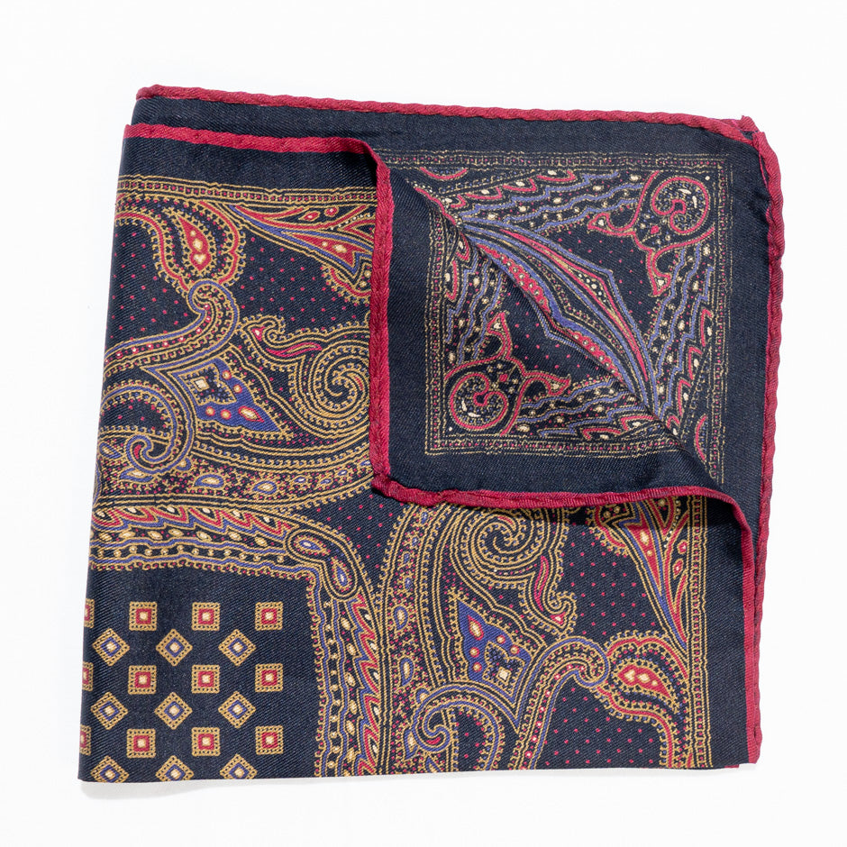 Navy Blue Printed Silk Twill Pocket Handkerchief