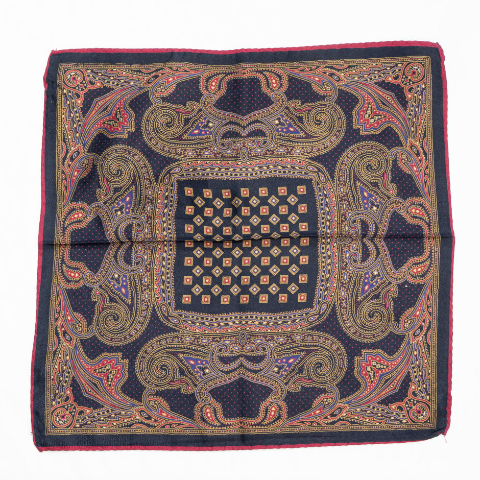 Navy Blue Printed Silk Twill Pocket Handkerchief