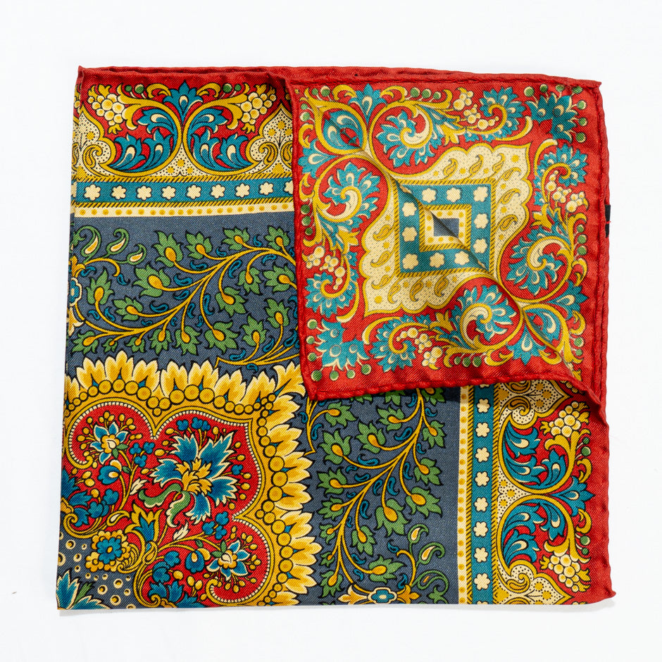 Yellow, Grey & Red Printed Silk Twill Pocket Handkerchief