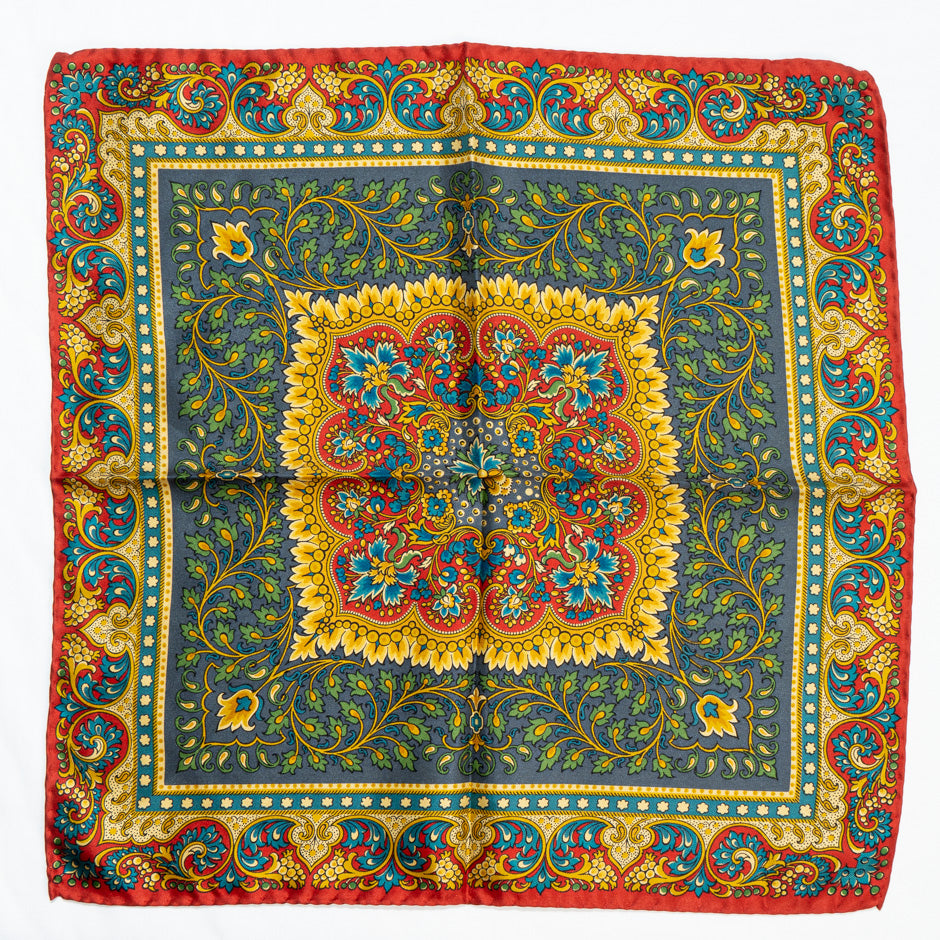 Yellow, Grey & Red Printed Silk Twill Pocket Handkerchief