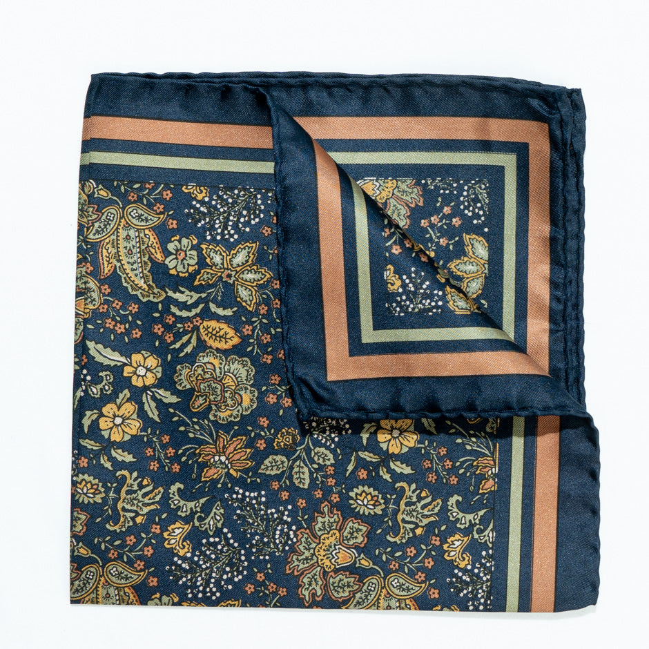 Yellow Floral Printed Silk Twill Pocket Handkerchief