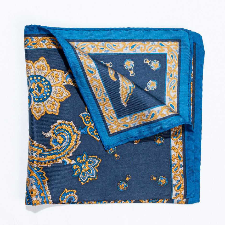 Deep Yellow & Navy Pure Silk Twill Pocket Handkerchief