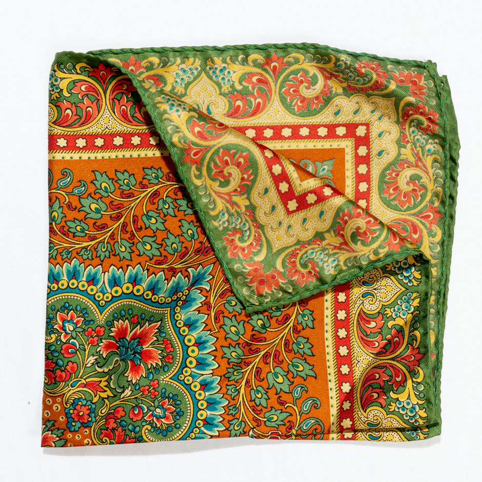 Orange, Green & Red Printed Silk Twill Pocket Handkerchief