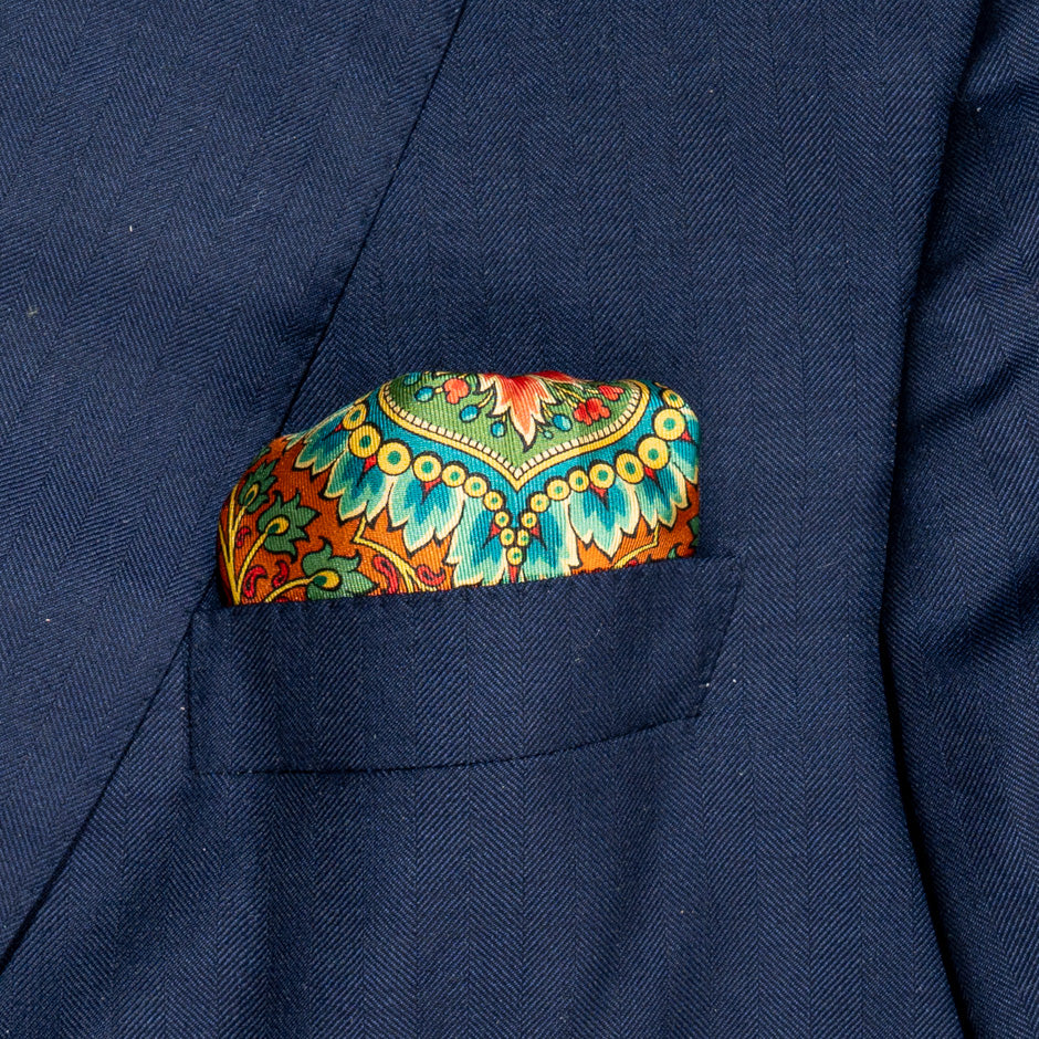 Orange, Green & Red Printed Silk Twill Pocket Handkerchief